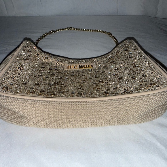 Steve Madden Rhinestone Shoulder Bag Crystal Evening Purse Crossbody Gold Stud - Picture 4 of 13